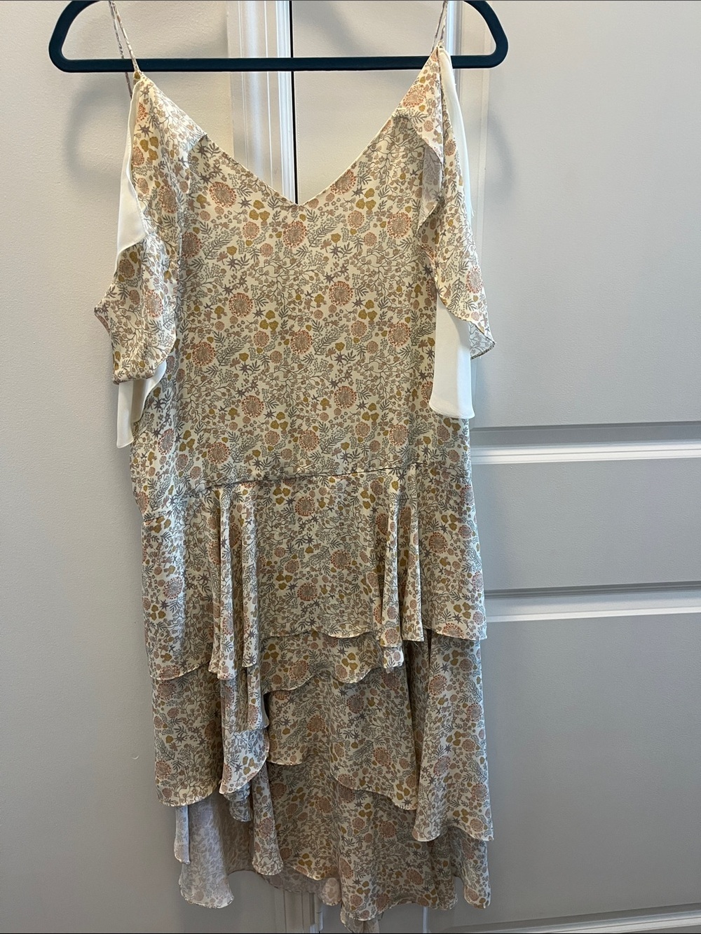 Asymmetrical Floral Ruffle Slip Dress in Cream and Tan